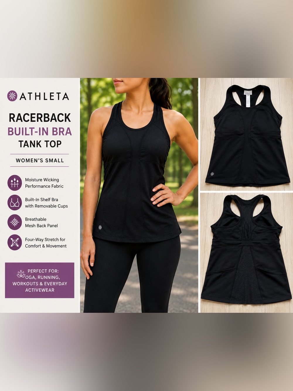 Athleta Black Racerback Built-In Bra Tank Top Women’s Small Athletic Workout Top